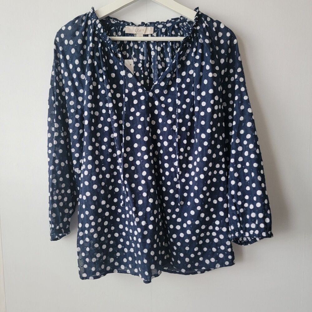 Loft womens polka dot blouse size M long-sleeve V-neck  tie‎ detail Cottagecore